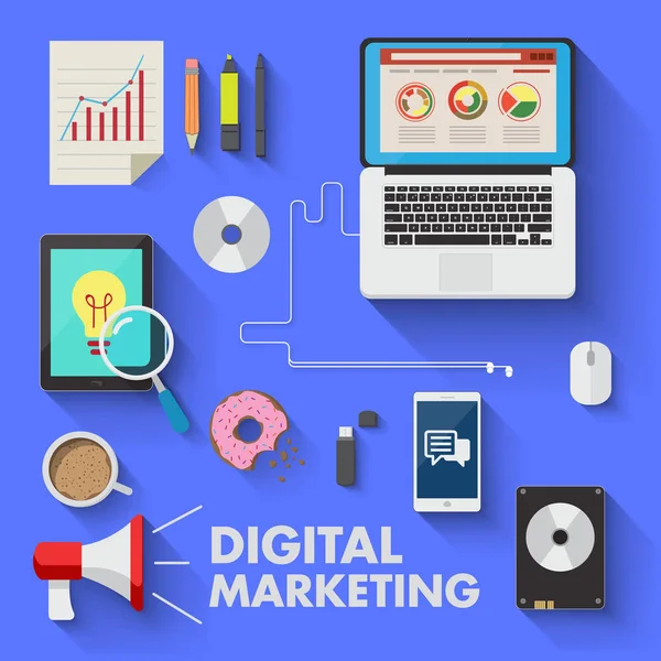 Tecnología Marketing Medios Sociales Digitales Ordenador Portátil Negocios — Vector de stock