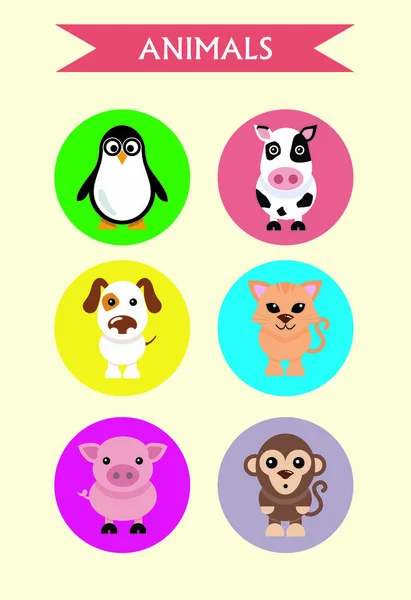 Set Stickers Animals Dog Cat Cow Pig Penguin Monkey Funny — Stock Vector