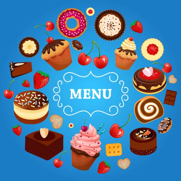 デザート メニュー ケーキ ドーナツ食べ物甘いイチゴ果実チョコレート ケーキ マフィンお菓子 — ストックベクタ