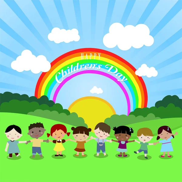 Kinder Kinder Junge Mädchen Regenbogen Glücklich Natur Familie Hintergrund Feier — Stockvektor