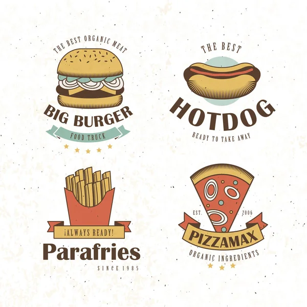 Comida Rápida Logo Pizza Hamburguesa Hotdog Papas Pegatina — Vector de stock