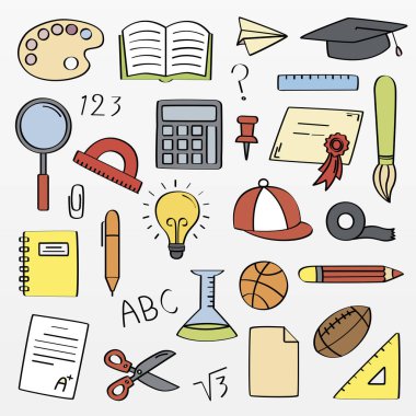 Çeşitli sanat ve okul malzemeleri.