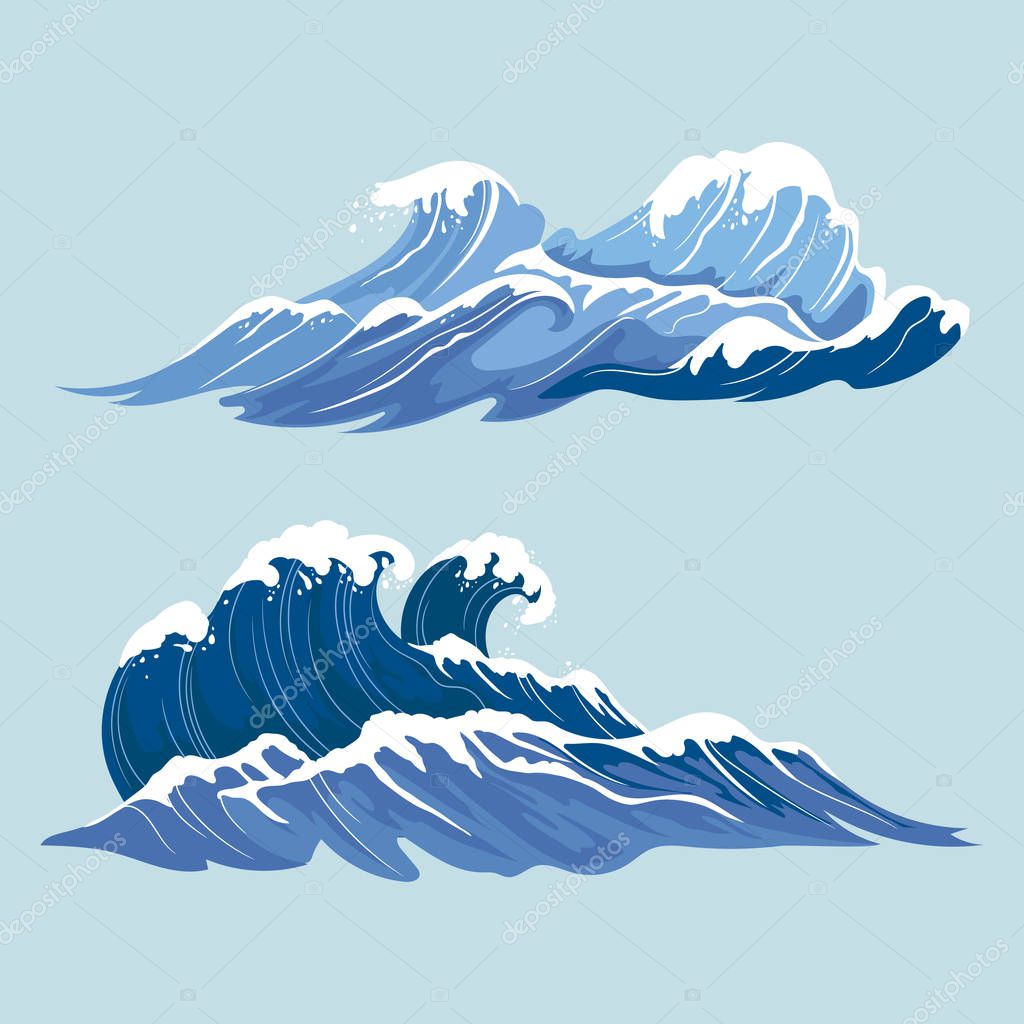 Summer sea waves illustration set
