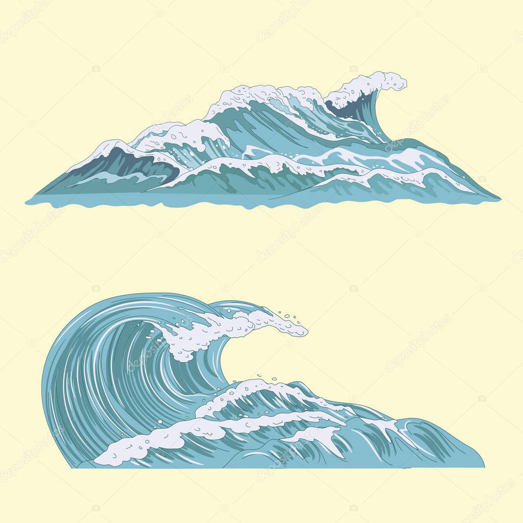Summer sea waves illustration set