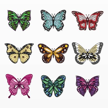 Renkli kelebek seti çeşitliliği