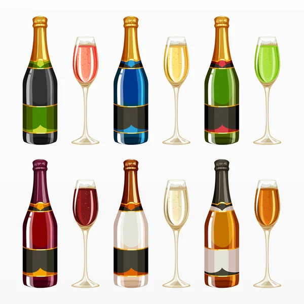 Vielzahl Von Champagnerflaschen Und Glas — Stockvektor