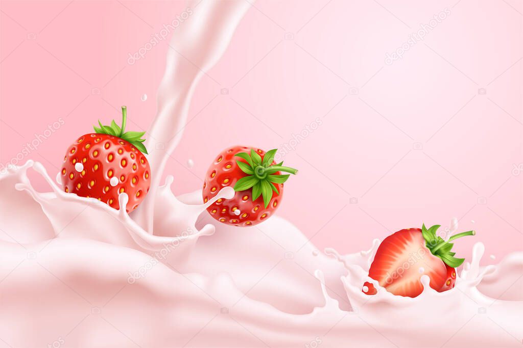 Strawberries splashing into pink milk