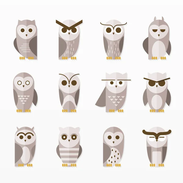 Lindos Búhos Aves Conjunto Dibujos Animados — Vector de stock