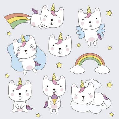 Kawaii özentisi Unicorn Clipart seti