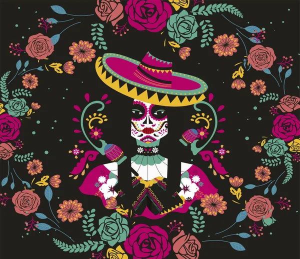 Hermoso Diseño Mujer Cráneo Mexicano — Archivo Imágenes Vectoriales