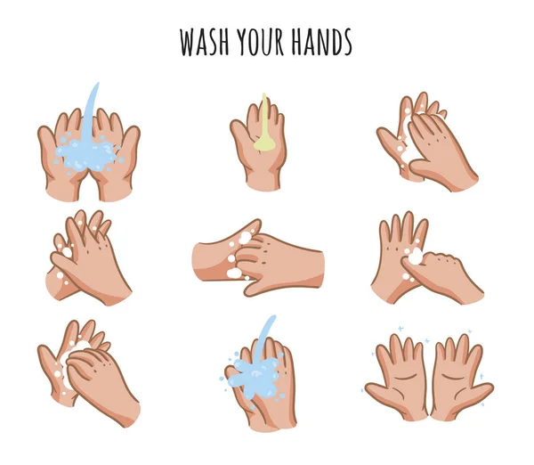 Verscheidenheid Van Wassen Handen Stappen — Stockvector
