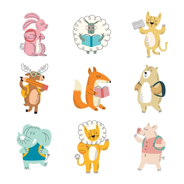 Volver Escuela Animales Personajes — Vector de stock