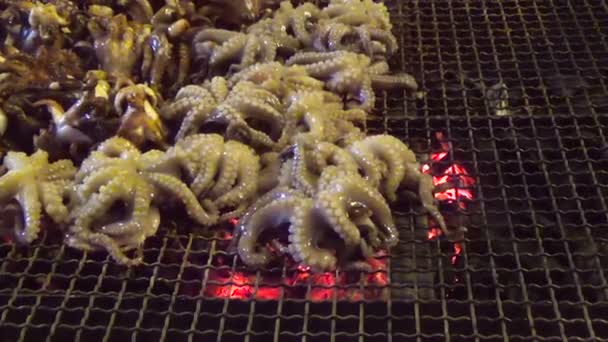 Octopus cooked on the barbecue during the course of a festival in Mola di Bari. Apulia - Italy — ストック動画