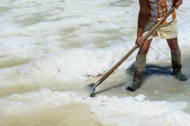 İşçi shoveled tuz tuz gruptaki topraktan berraklaştırır