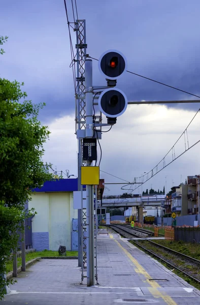 Red semaphore near railway. soft focus — Stock Photo, Image