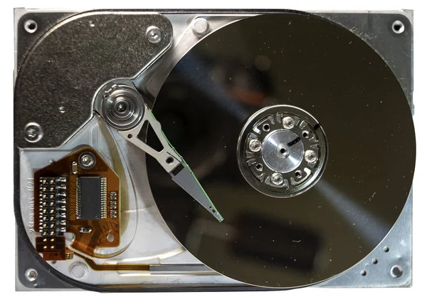 Disassembled Hard Drive Computer Hdd Mirror Effect Opened Hard Drive — Stock Photo, Image