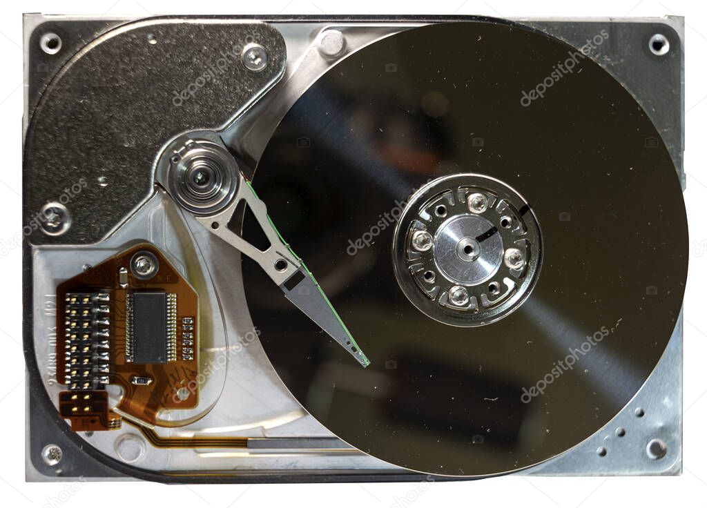 Disassembled hard drive from the computer, hdd with mirror effect. Opened hard drive from the computer hdd with mirror effects. Part of computer pc, laptop.