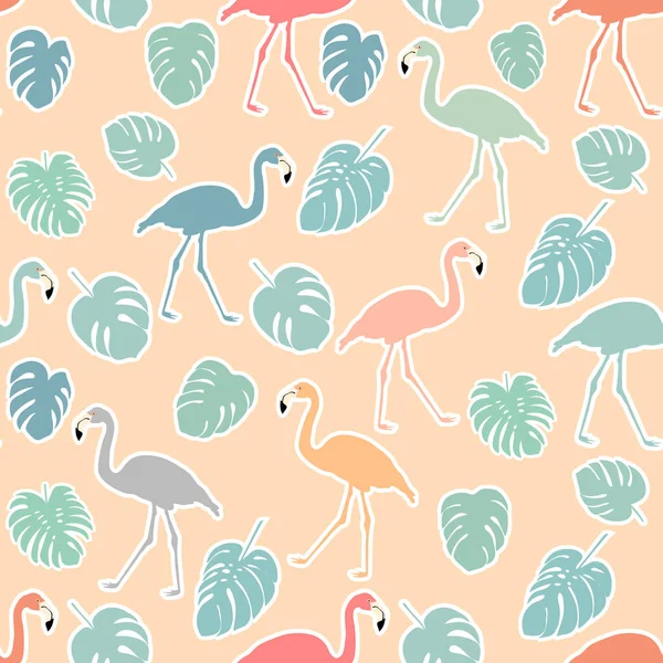 Hand drawn colorful flamingo and monstera leaves. Seamless patte — Stock Vector