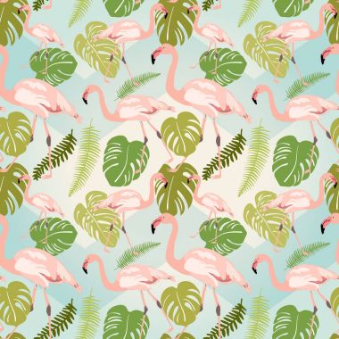 El pembe flamingo ve monstera yaprakları çekilmiş. Seamless modeli