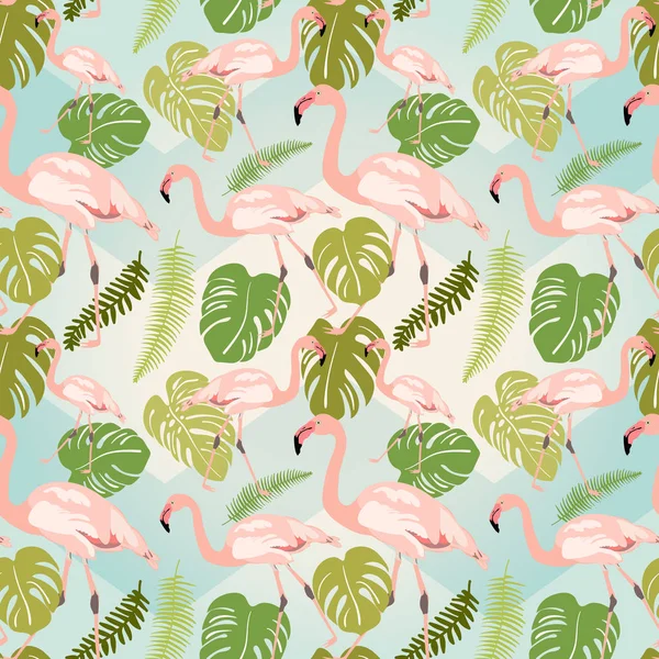 Hand drawn pink flamingo and monstera leaves. Seamless pattern — Stock Vector