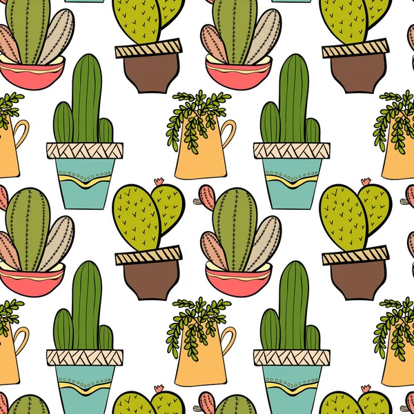 Naadloze achtergrondpatroon met cactus in potten. Indoor plants ik — Stockvector