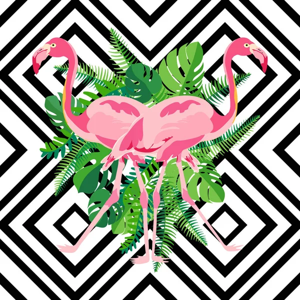 Fenicottero rosa disegnato a mano con foglie tropicali a st immagine specchio — Vettoriale Stock