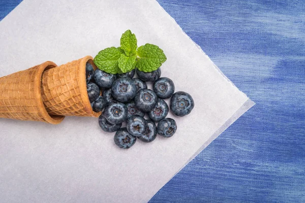 Waffelzapfen mit Blaubeeren und Minzblättern auf rustikalem texturiertem B — Stockfoto