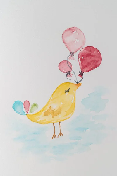 Roztomilý ptáček s balonky. Akvarelu ručně malované Rozmr — Stock fotografie