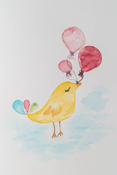 Pajarito lindo con globos. Acuarela pintada a mano ilustra — Foto de Stock