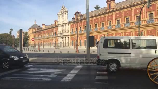 Sevilla, Andalusien, Spanien - 01 oktober 2017: typiska gamla vagn dragen av en häst på en tur till Sevilla. En spansk häst transport i gata. — Stockvideo