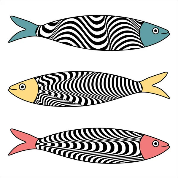 Icône Portugaise Traditionnelle Sardines Colorées Avec Des Motifs Typiques Carreaux — Image vectorielle