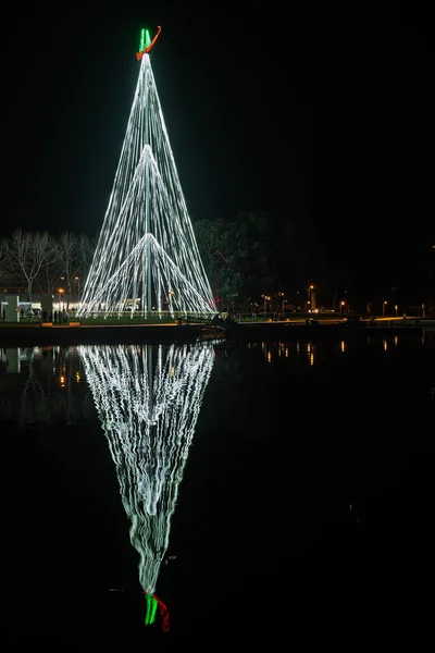 Aveiro, Portekiz - yaklaşık Aralık 2018: Fonte Nova'nın bahçe Noel pazarı ve geceleri Ria de Aveiro yakınındaki renkli dönme dolap ile. — Stok fotoğraf