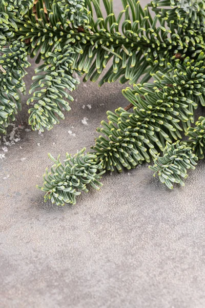 Fundo tema de Natal em tom vintage. Fundo de madeira rústica para o Natal com espaço de cópia para todo o design de Natal. Ramo de pinheiro. Vista superior. Camada plana — Fotografia de Stock