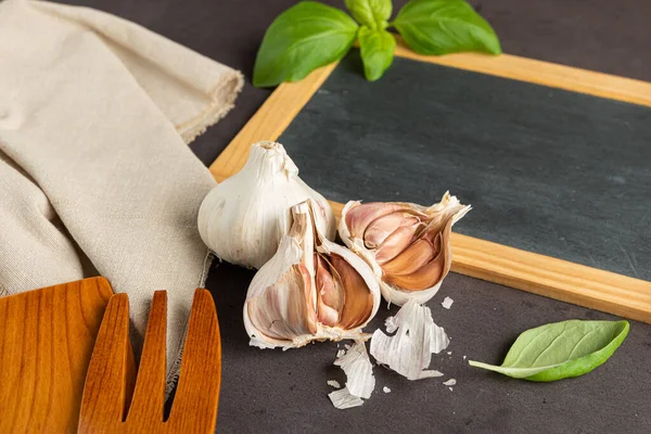 Blackboard Your Text Fresh Garden Herbs Stone Table Basil Garlic — Stock Photo, Image