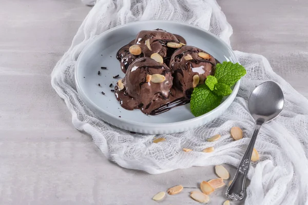 Delizioso Gelato Cioccolato Dessert Piatto Con Foglia Menta — Foto Stock