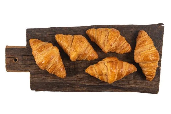 Croissant Fresco Sabroso Sobre Mesa Madera Aislada Sobre Blanco — Foto de Stock