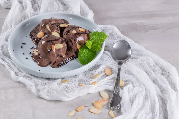 ミントの葉とプレート上のデザートのためのおいしいチョコレートアイスクリーム — ストック写真
