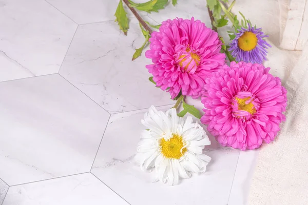Όμορφο Κομψό Λουλούδι Ντάλια Πάνω Από Φωτεινό Λευκό Μαρμάρινο Φόντο — Φωτογραφία Αρχείου
