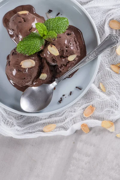 Lahodná Čokoládová Zmrzlina Jako Dezert Talíři Mátovým Lístkem — Stock fotografie