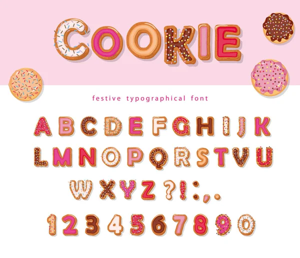 Куки нарисовал декоративный шрифт. Мультфильм сладкая азбука букв и цифр. На день рождения или валентинки открытки, милый дизайн для девочек . — стоковый вектор
