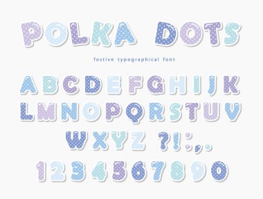 Pastel mavi yazı sevimli polka noktaları. Kağıt kesme Abc harf ve sayı. Komik alfabesi.