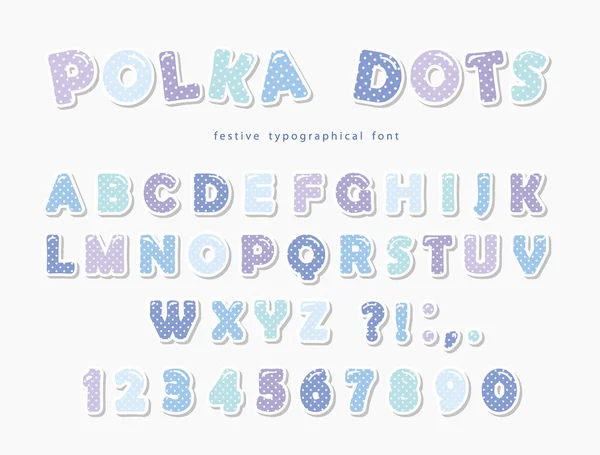 Cute polka dots fuente en pastel blue. Recorte de papel ABC letras y números. Alfabeto divertido . — Vector de stock
