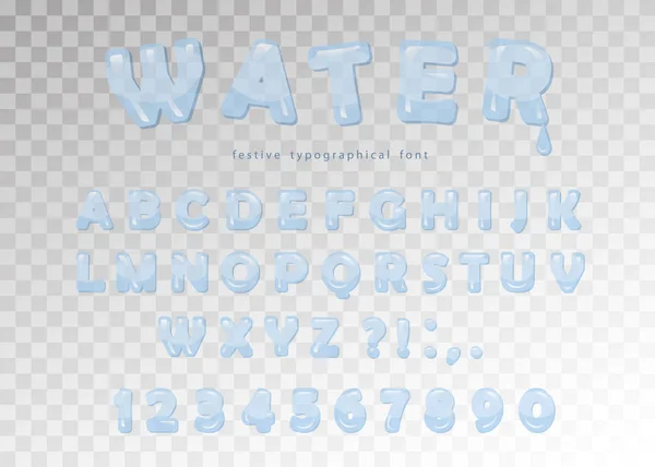 Design de fonte de água. Transparente brilhante ABC letras e números. Vetor . — Vetor de Stock