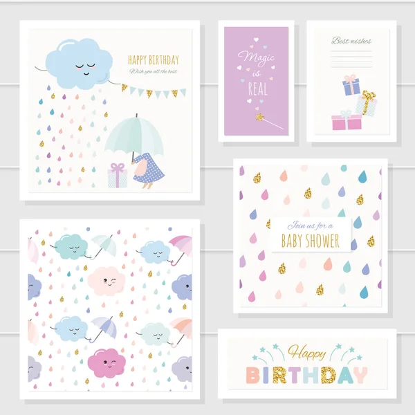 Lindas tarjetas con elementos de brillo de oro para las niñas. Para baby shower, cumpleaños, ropa de bebé, portada de cuaderno. Incluye dos patrones sin costuras con gotas de lluvia y nubes. Acuarela . — Archivo Imágenes Vectoriales