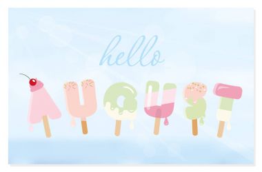 Bulanık gökyüzü arka plan üzerinde Ağustos harfleri Merhaba.