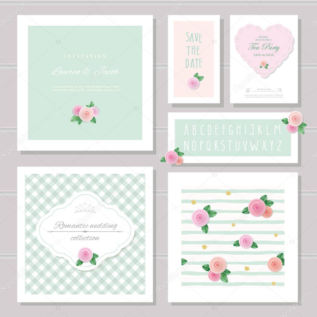 Wedding card templates set. Decorated with roses. Invitation, save the date. Pastel pink and green. Romantic collection, included frames, patterns, narrow hand written alphabet.
