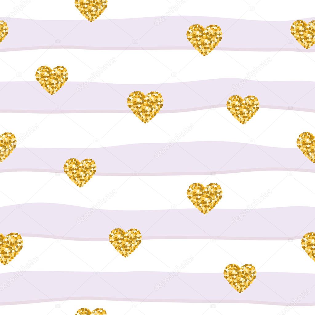 Seamless pattern with glitter confetti hearts on striped background. For birthday, fashion and wedding design.