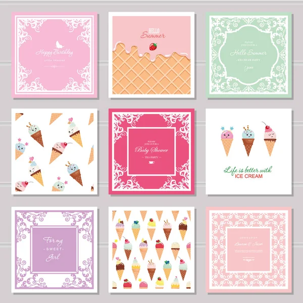 Lindas plantillas de tarjetas para niñas. Incluyendo marcos, patrones sin costuras con dulces. cumpleaños, boda, baby shower design . — Archivo Imágenes Vectoriales