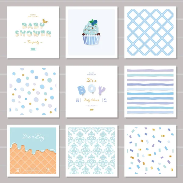 Boy baby shower templates seamless patterns set in pastel blue. Also can be used for birthday greeting cards, kids clothes, bakery, notebook cover design. — Stockvector