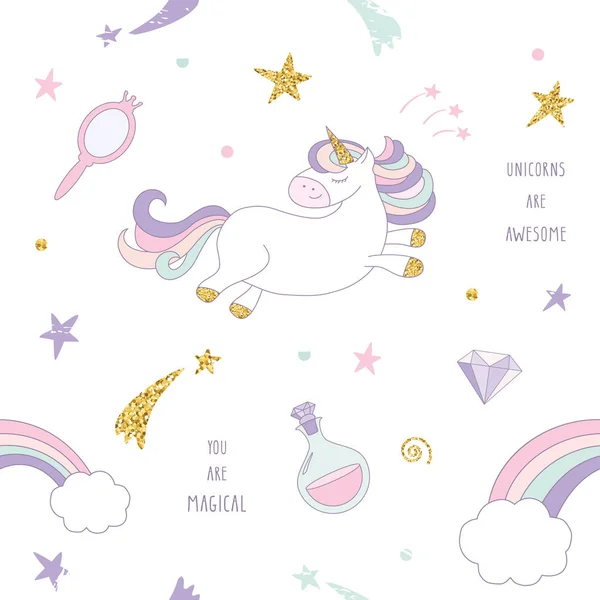 Patrón mágico unicornio sin costuras fondo con arco iris, estrellas y diamantes. Para impresión y web . — Vector de stock